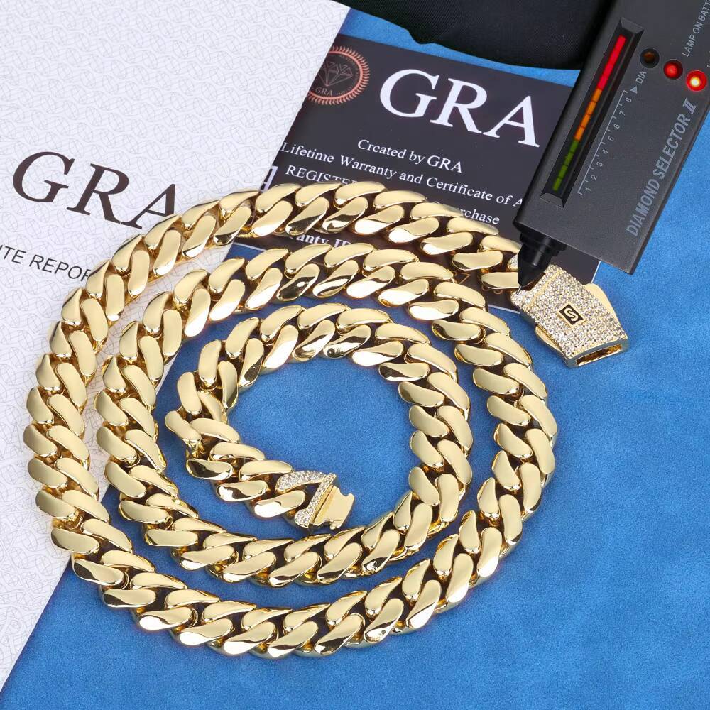 Eskeem Luxury Iced Out Cuban Link Necklace 6-10mm 14K Gold Plated Monaco 925 Silver VVS Moissanite Clasp Smooth Finish Chain