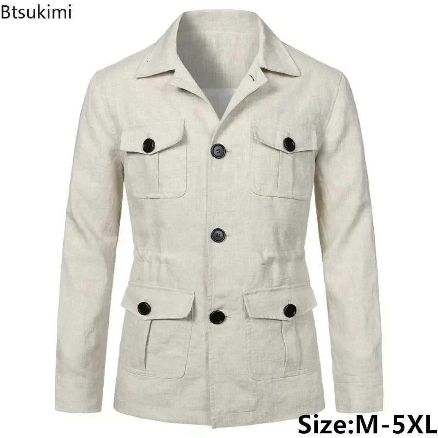 2025 British Style Mens Linen Safari Jackets Fashion Vintage Multi Pockets Cargo Jacket Streetwear Gentry Casual Outerwear Male 250717