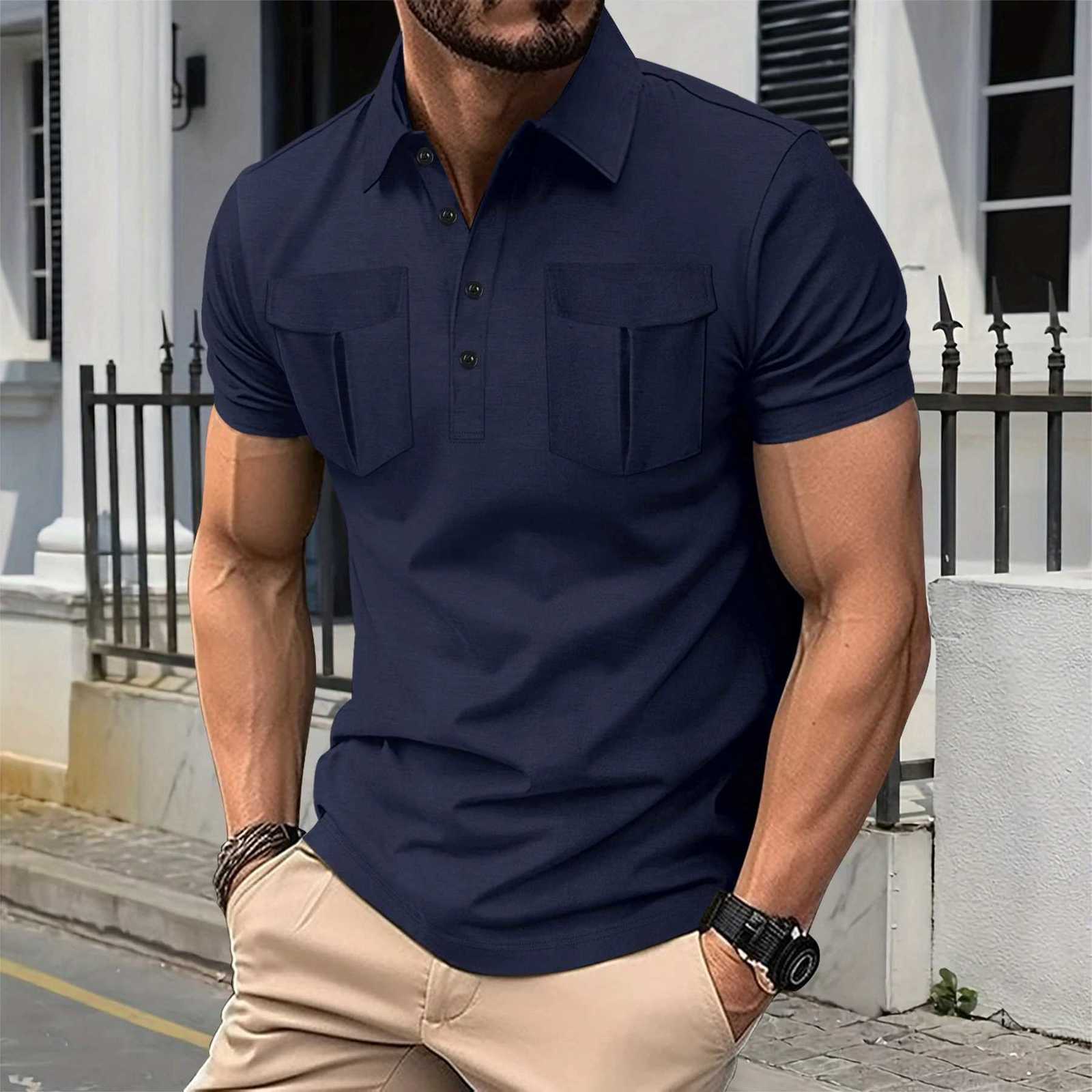 2025 Mens Simple Summer New Long Front Button Lapel Double Pockets Solid Color Short-Sleeved High-Grade Casual Polo Shirt XJ250725