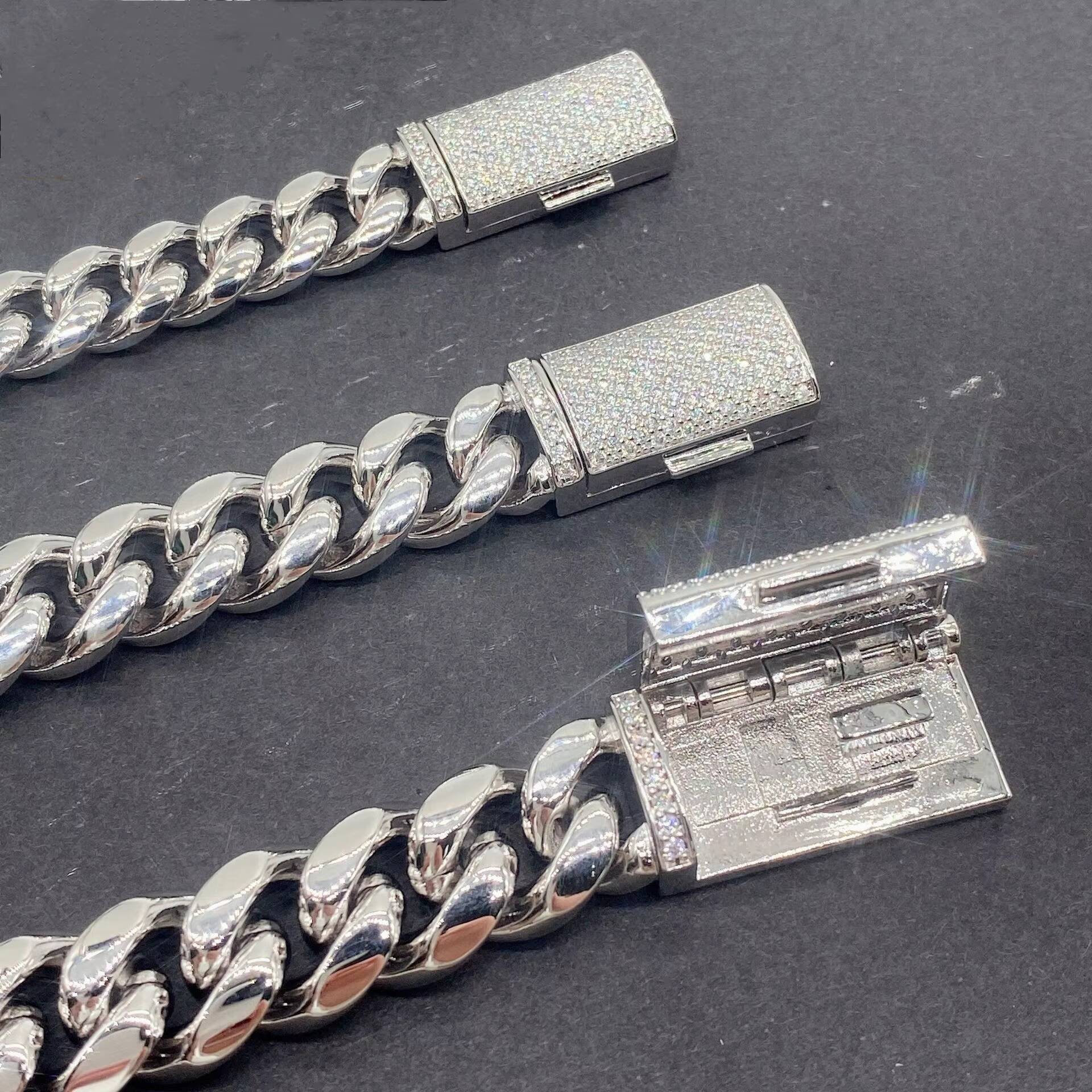 Hip Hop 8MM 10MM Stainless Cuban Chain with 925 Sterling Silver Moissanite Clasp Chain Necklace Bracelet for Men Jewelry