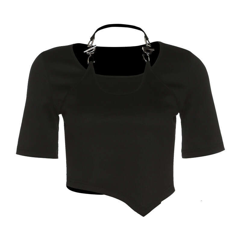 2022 Summer New Women's Solid Color Slim Fit Crop Top Street Fashion Halter Neck Short Sleeve T-Shirt 56a
