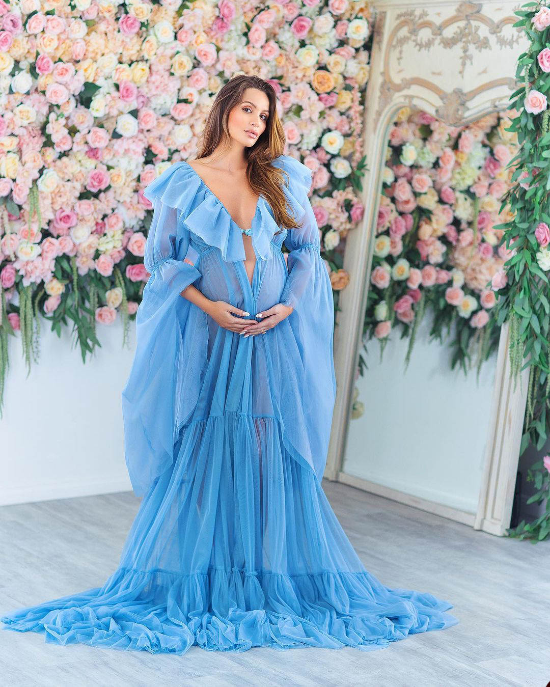 Tulle Maternity Prom Dresses Fluffy Tiered For Photoshoot Maternity Gown Lace Long Sleeves A Line Dress Customized