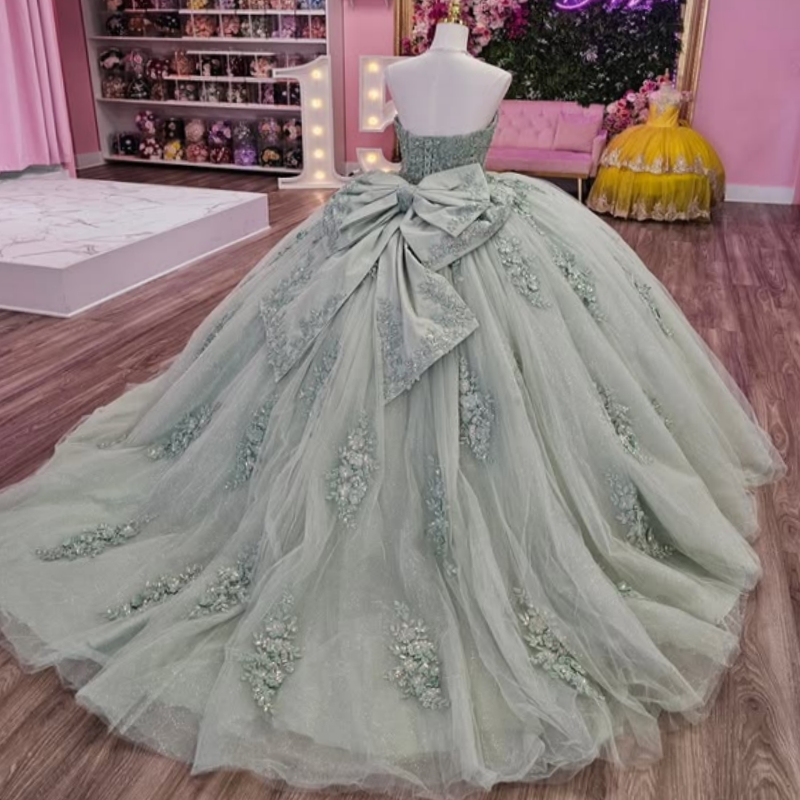Mint Green Quinceanera Dresses Ball Gown Off The Shoulder Applique Lace Beads Bow Tull Party Birthday Sweet 16 Dress Vestidos 15 Anos