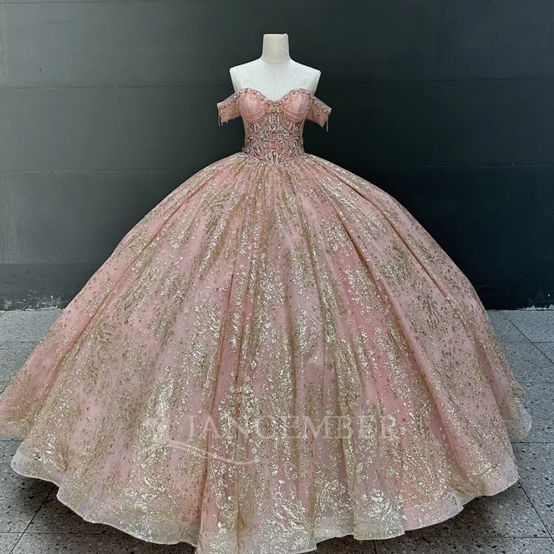 Pink Shiny Quinceanera Dresses Off Shoulder Ball Gown Sweet 16 Dress Sequin Gold Applique Lace Beading Tull Birthday Party Vestidos 15 Anos