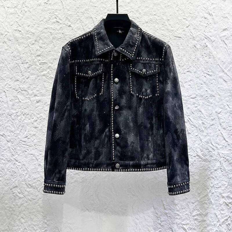 2025 Spring Trendy Rivet Tie-Dye Long Sleeve Pocket Decoration Jackets Men's Retro Tooling Short Style Denim Jacket Tops
