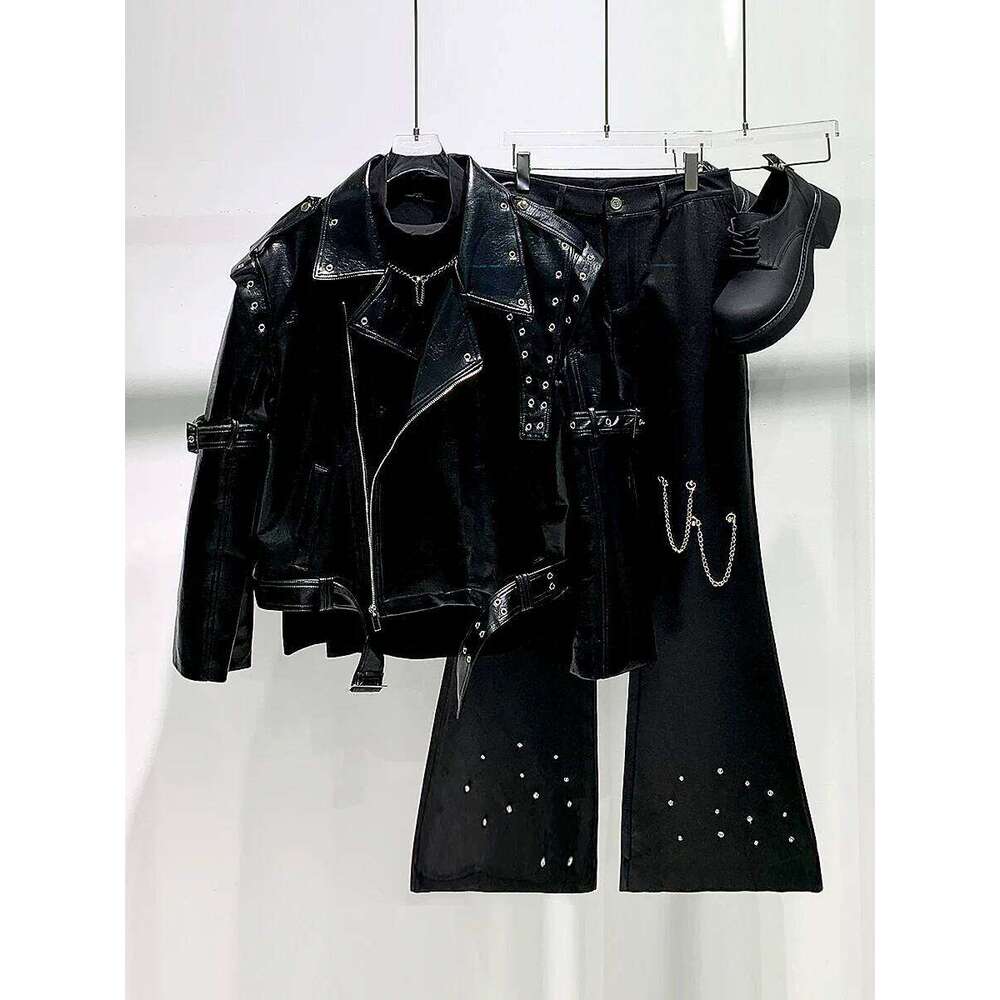 Fashion 2025 Autumn Metal Leather Jackets Men's Irregular Splicing Design Trendy Short High Street Jacket Long Sleeve Tops