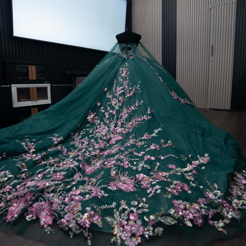 Blackish Green Shiny Quinceanera Dresses Ball Gown Off The Shoulder Applique Lace Beads Tull With Cape Party Birthday Sweet 16 Dress Vestidos 15 Anos