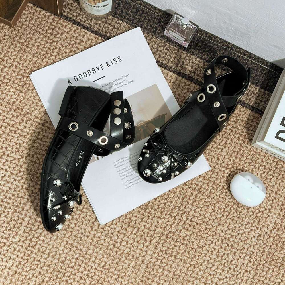 Designer Summer New Ballet Style Flat for Women High-end Feel, Cross Strap Fashion Rivet Casual Shoes with Soft Soles