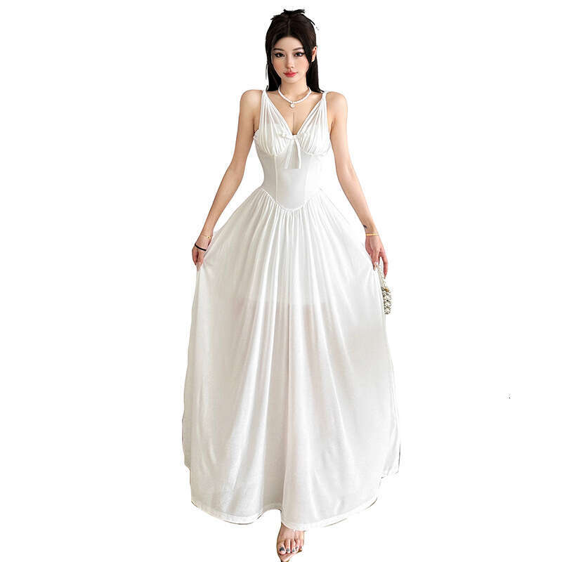 2025 Summer New Elegant Slim Waist Sexy V-neck Backless Strap Long Dress Women's Fashion c18