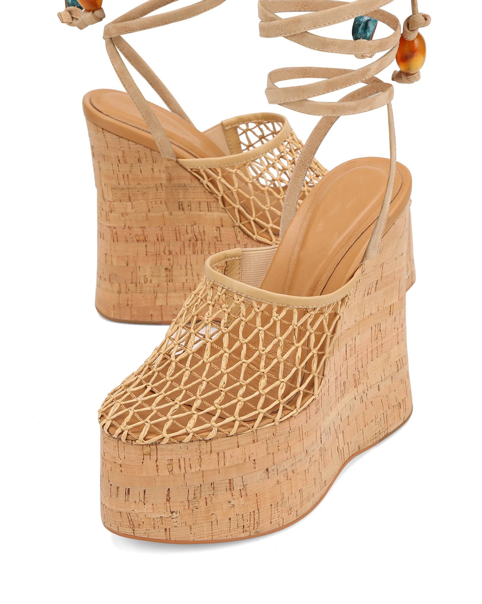 Women's 13cm Wood Grain Platform Fishnet Sandals - Adjustable T-Strap, Chunky Heel, Summer Festival Shoes (Nude/Black)
