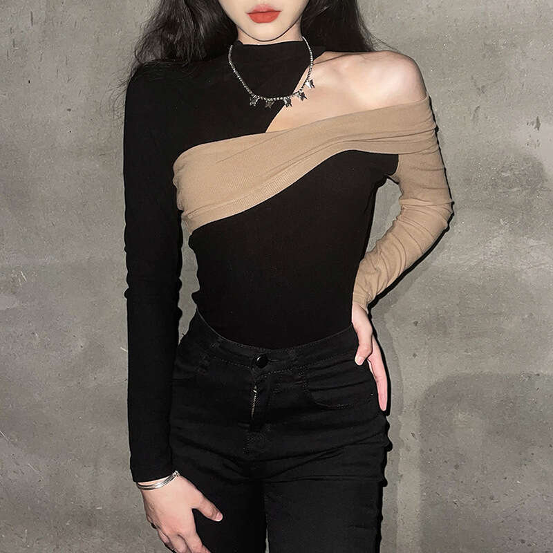 2021 Autumn New Women's Sexy Slim Fit Fashion Irregular Color Block Off-Shoulder Long Sleeve T-Shirt bef