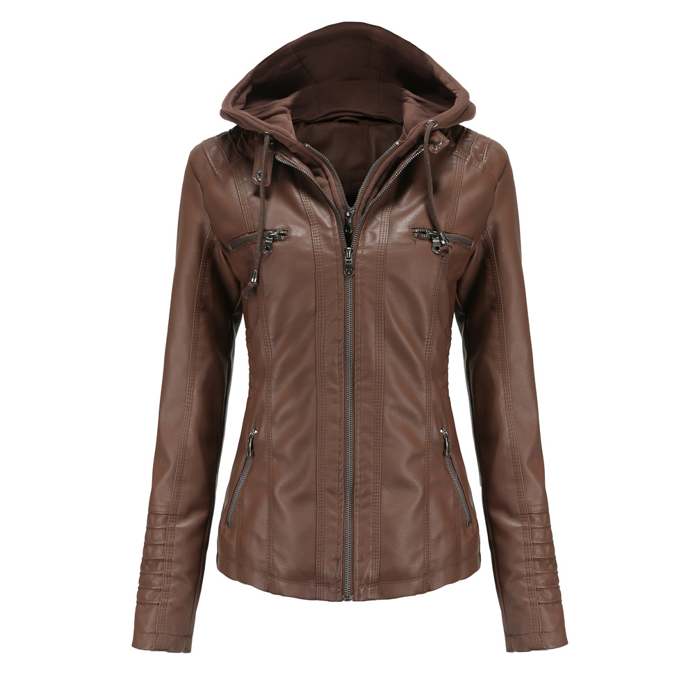 Two-piece hooded leather jacket detachable large-sized leather jacket for women coat PU washed leather cloth plus size XS-7XL