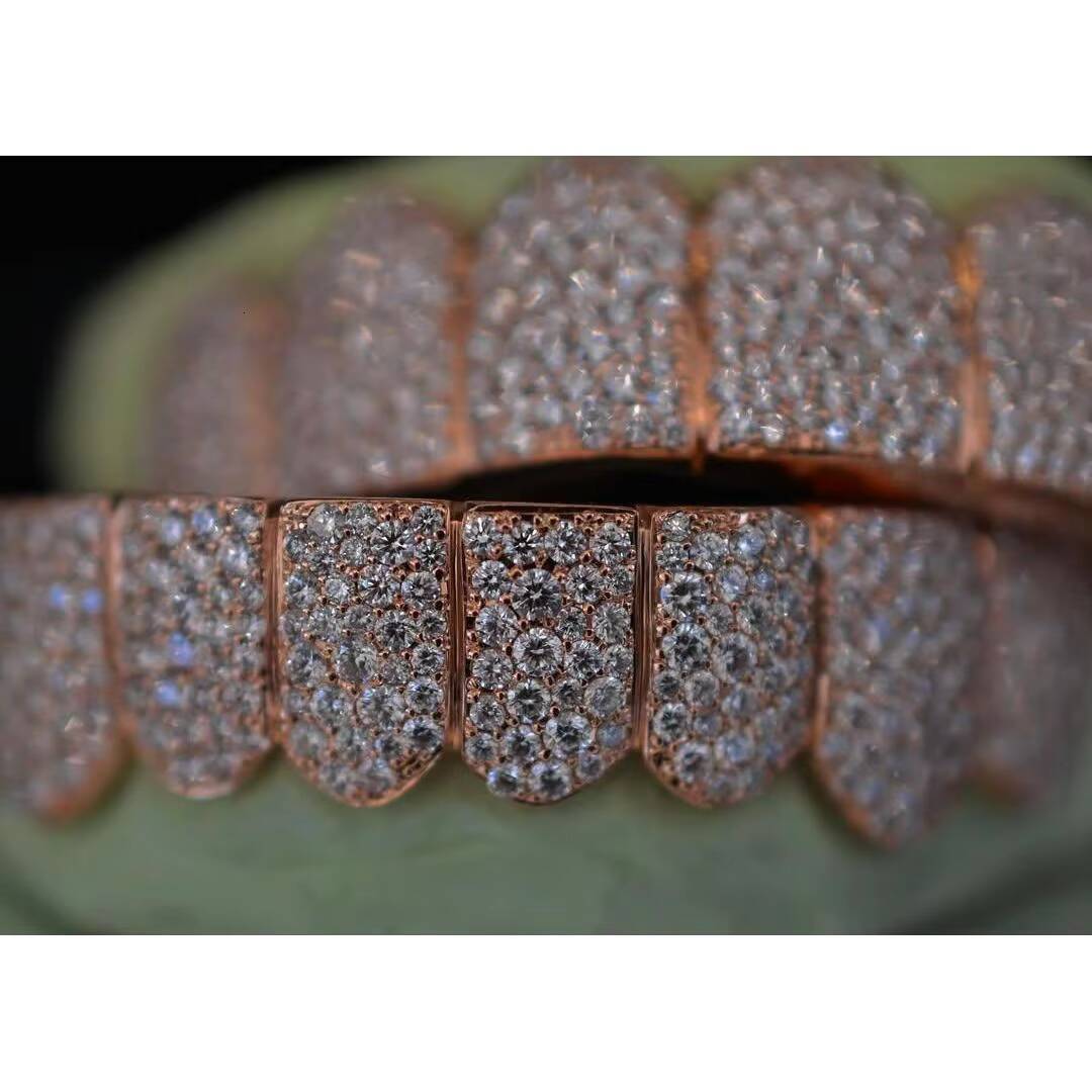 Custom Mosaic Pave set VVS Moissanite Grillz in Rhodium Plated 925 Sterling Silver | Diamond Tester Pass | Hip Hop Jewelry