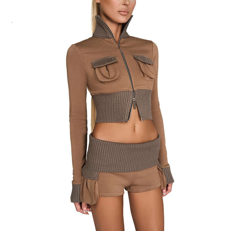 2024 Autumn New Women's Solid Color Slim Fit Long Sleeve Zipper Top Fashion Low Waist Shorts for Women 2bb