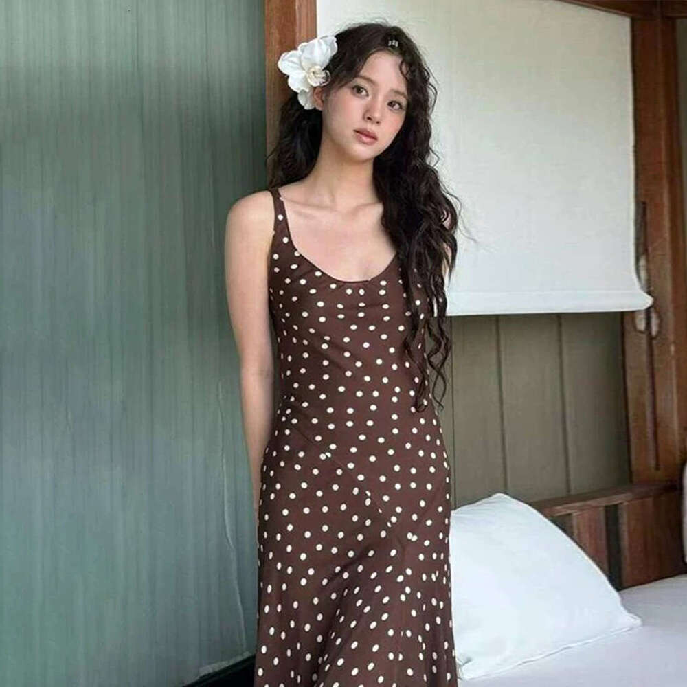 2025 Summer New Vacation Style Polka Dot Slim Fit Elegant Strap V-Neck Long Dress f81