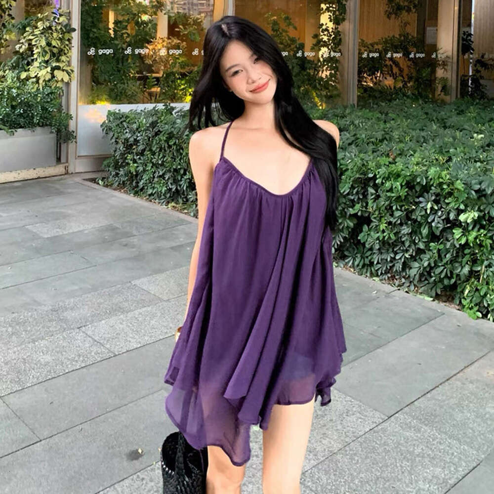 2025 Summer New Slim Fit Neck Sleeveless Versatile Slimming Halter Backless V-Neck Dress for Women 25a