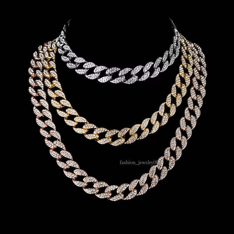 Hip-hop Style Link Gold-plated Men's Cuban Chain Rhinestone Inlaid Alloy Necklace for Men