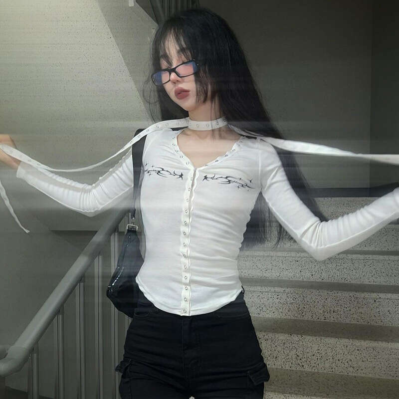 2024 Summer New Women's Solid Color Slim Fit Street Fashion V-Neck Long Sleeve Top 01e