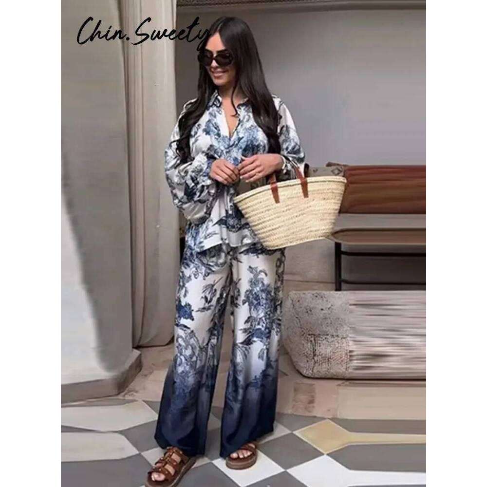 Designer Leisure High Quality Vintage Tie Dye Print Shirt Pants Women Set Long Lantern Sleeve Button Shirts Empire Pleated Pant 2025 Spring Summer Lad