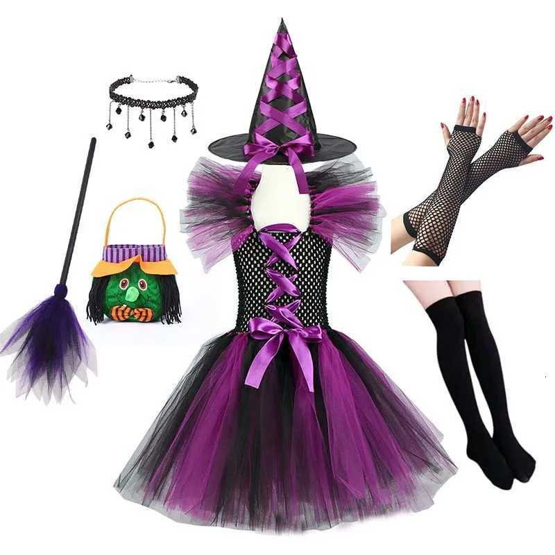 Halloween Childrens Witch Costume Purple Orange Pink Tulle Tutu Dress with Hat Joker Demon Dress-Up for Carnival Parties Z250725