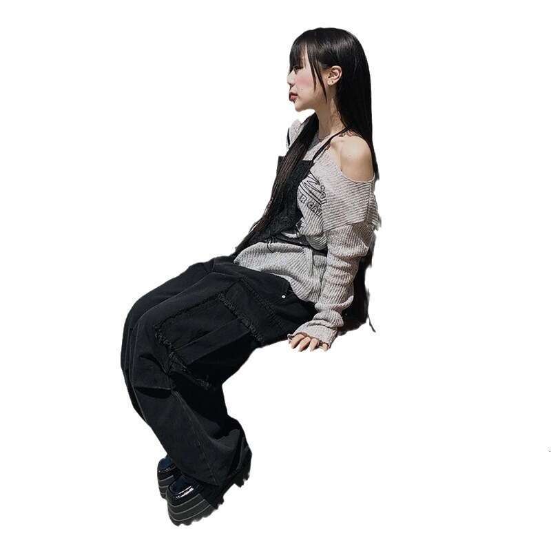 INS2024 Summer New Women's Solid Color Loose Street Fashion Asymmetrical Neck Long Sleeve Top b58