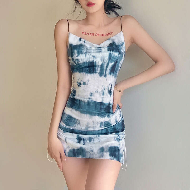 2021 Summer New Women's Slim Fit High Waist Fashion Tie-Dye Ruched Sexy Strap Dress 0a1