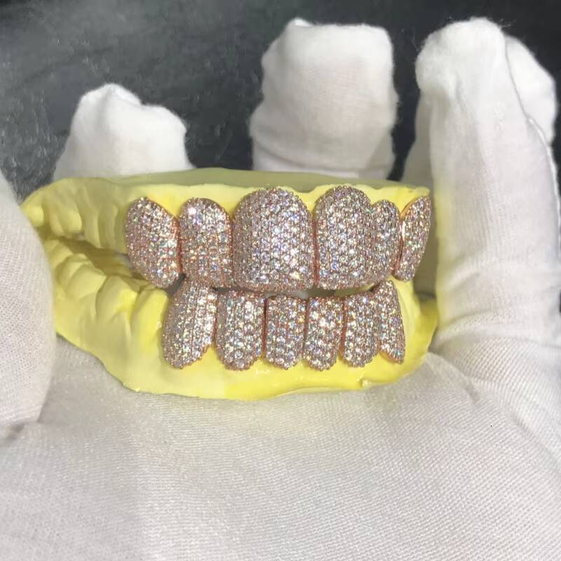 Fashion Hip Hop Jewelry Moissanite Grills Custom Rose Gold Plated 925 Silver Iced Out VVS Moissanite Diamond Teeth Grillz