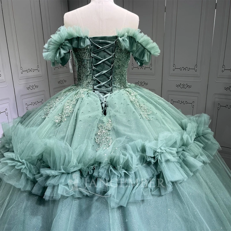 Mint Green Shiny Quinceanera Dresses Off Shoulder Ball Gown Sweet 16 Dress Applique Beading Tiered Tull Birthday Party Vestidos 15 Anos