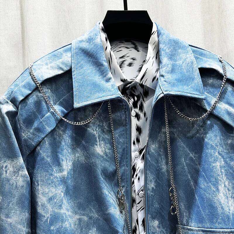 2025 Autumn Winter New Male Chain Design Shoulder Padded Short Two-Piece Men's Trendy Loose Denim Jacket Trousers Set