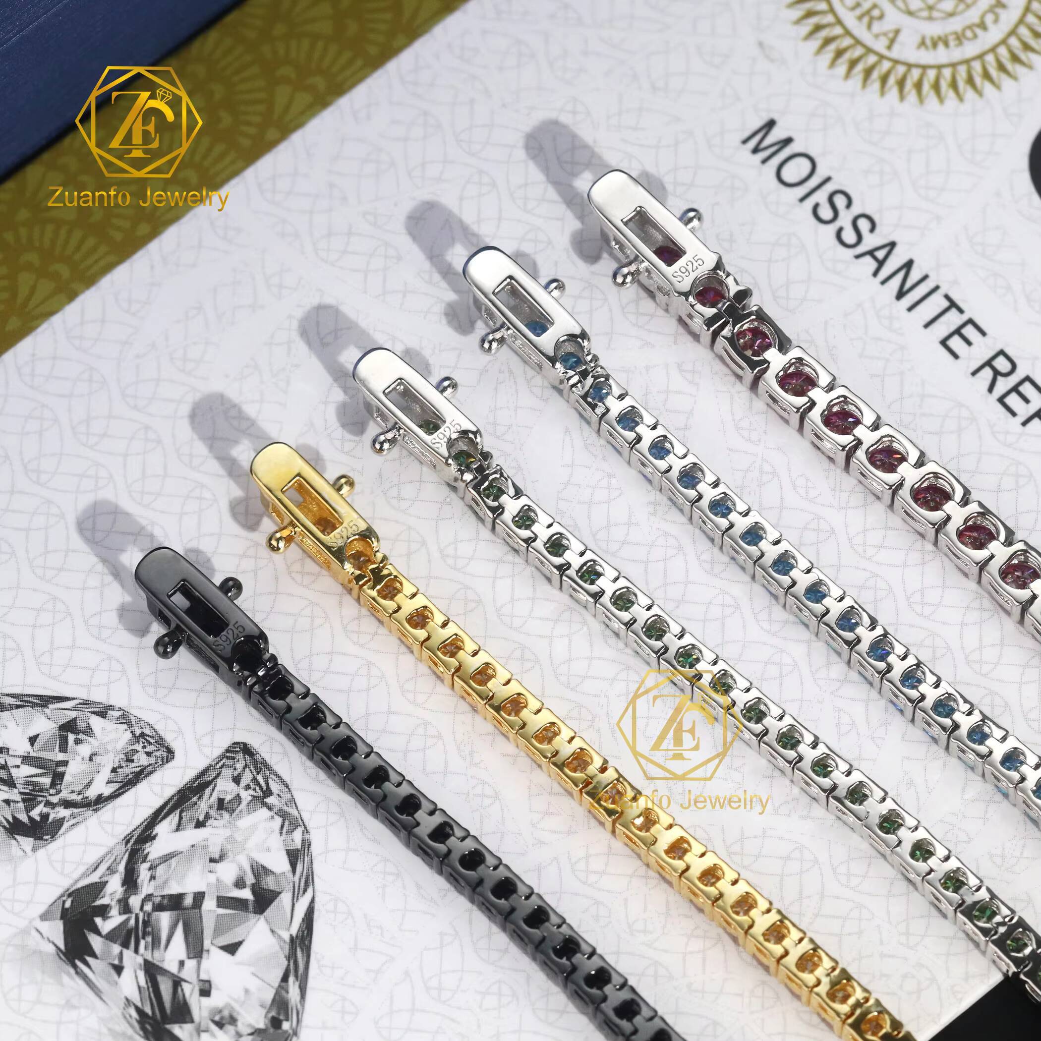 Hot Sale Hip Hop 925 Sterling Silver Yellow Blue Green Black Pink White Color Sparkling Moissanite Tennis Chain Bracelet