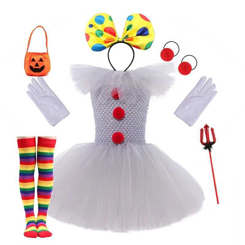 Kids Gray Circus Clown Tutu Dress Girls Funny Joker Halloween Outfit for Birthday Carnival Parties Dress + Gloves + Hairband Z250725