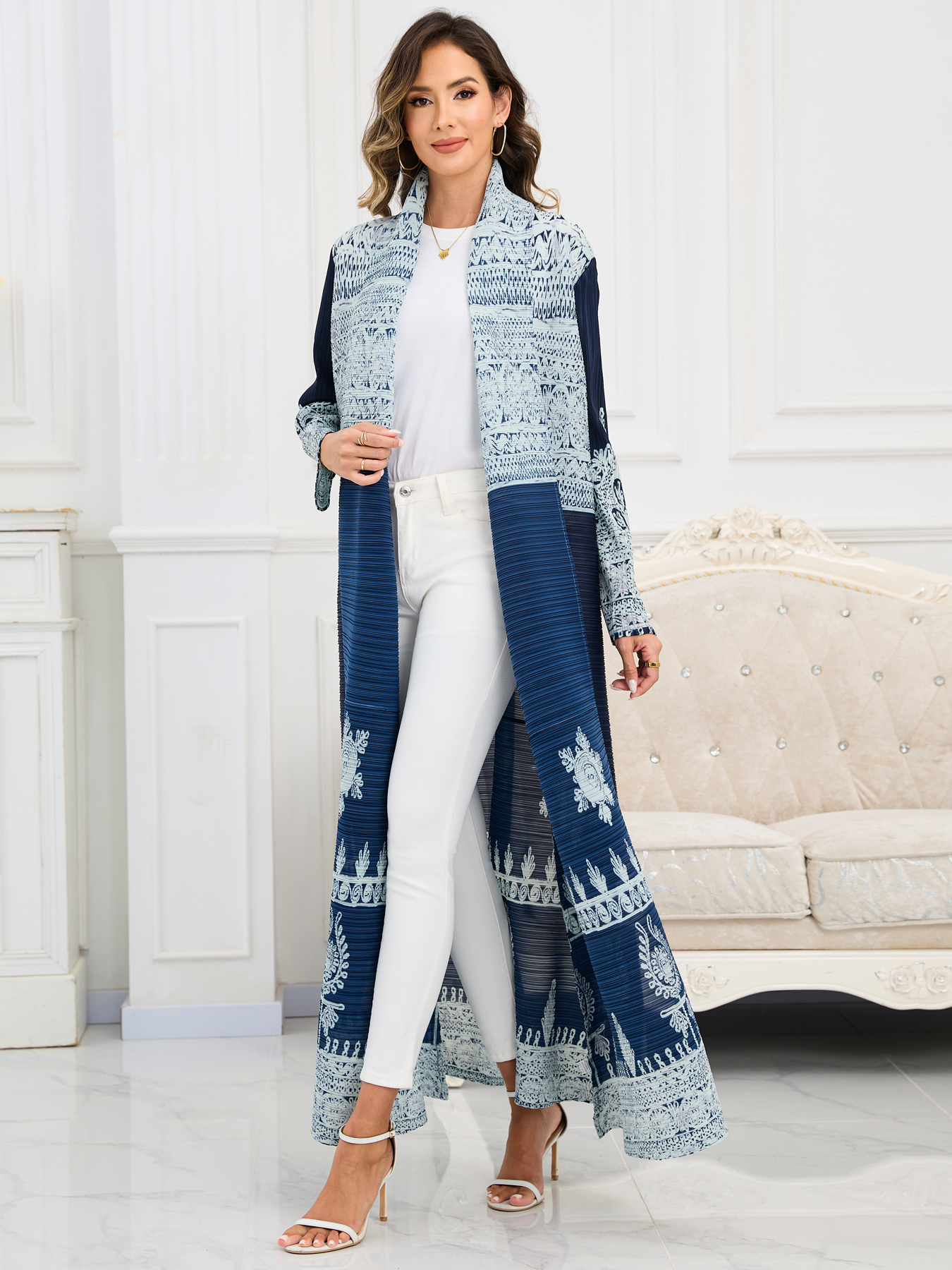 Ethnic Clothing Middle Eastern printed pleated long robe coat Ladies' elegant, loose, large-sized printed cardigan shawl in Arab style is trendy 