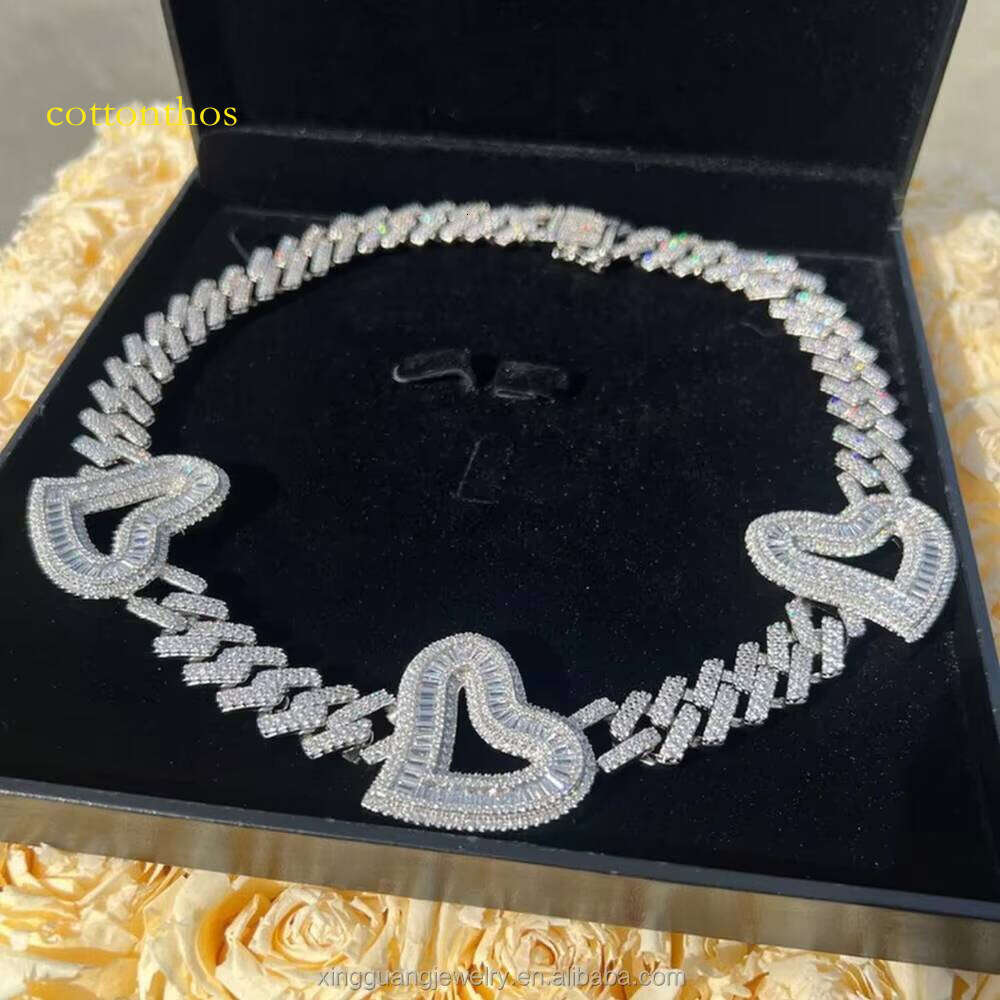 Customized Heart Whitegold Plated Cuban Link Sier Iced Out baguette Moissanite Charms Fashion Chain Necklace