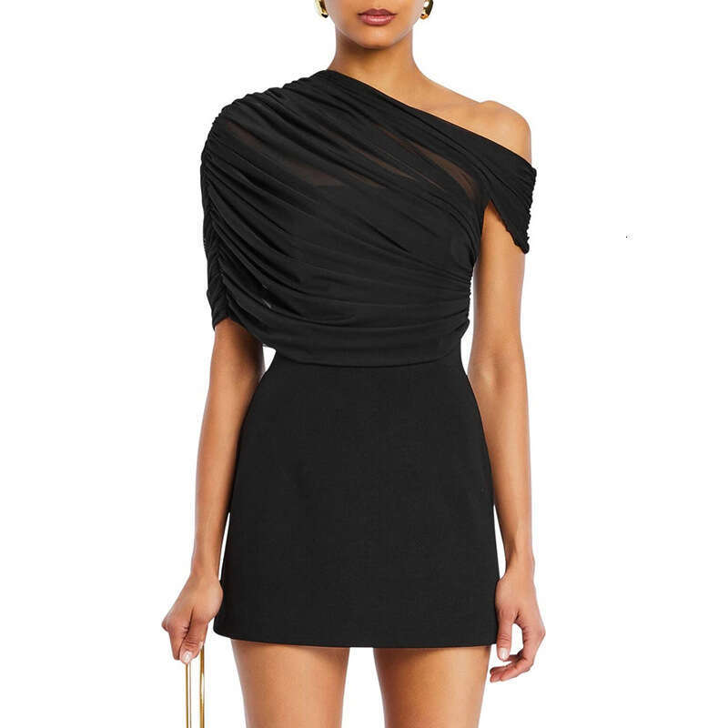 Y25ds028 Women's Spring And Summer New Solid Color Sleeveless One-Shoulder Mesh Spliced Sexy Dress B5