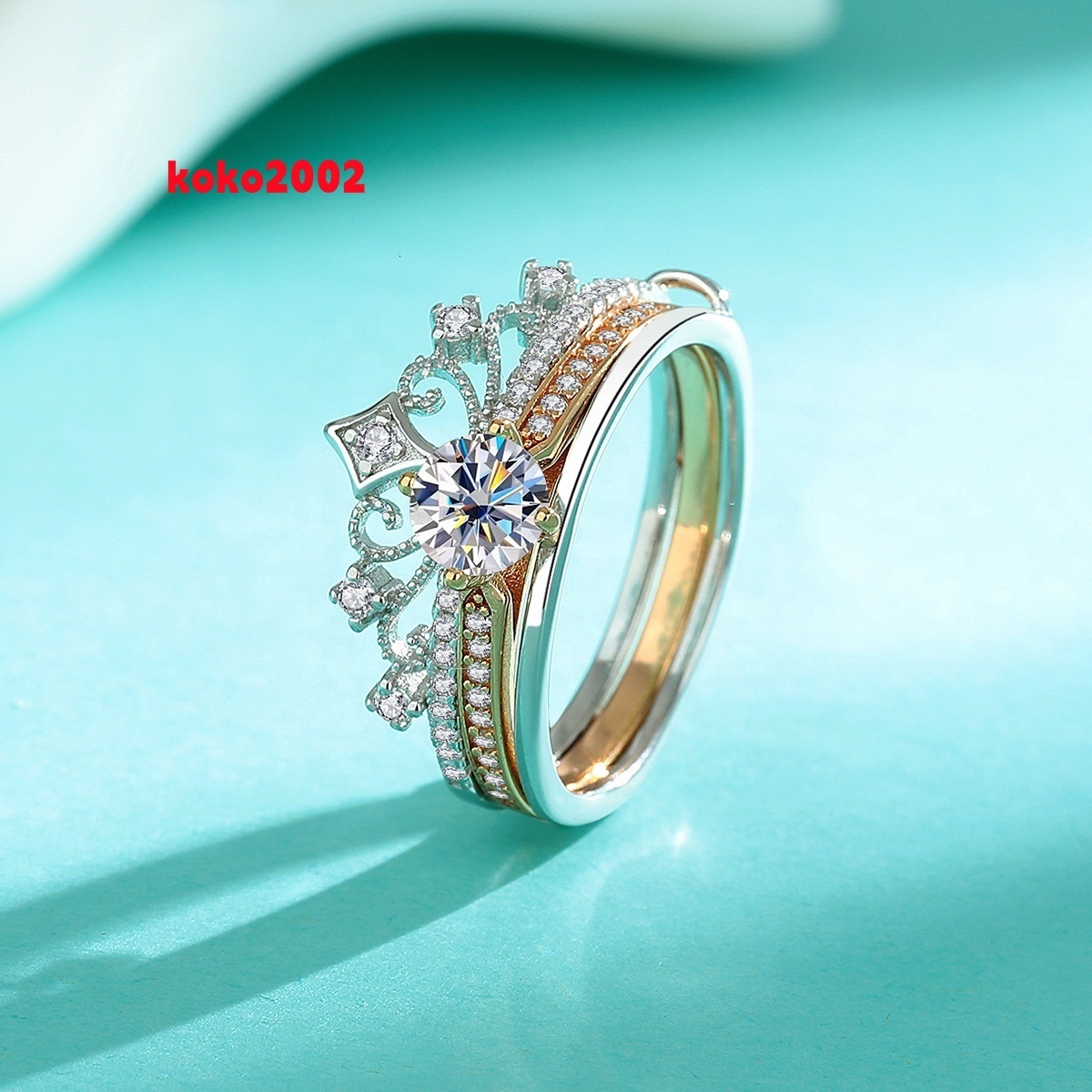 S925 Sterling Silver Fashionable Charm Moissanite Rose Color Separated Lace Hollow Double-layer Ring
