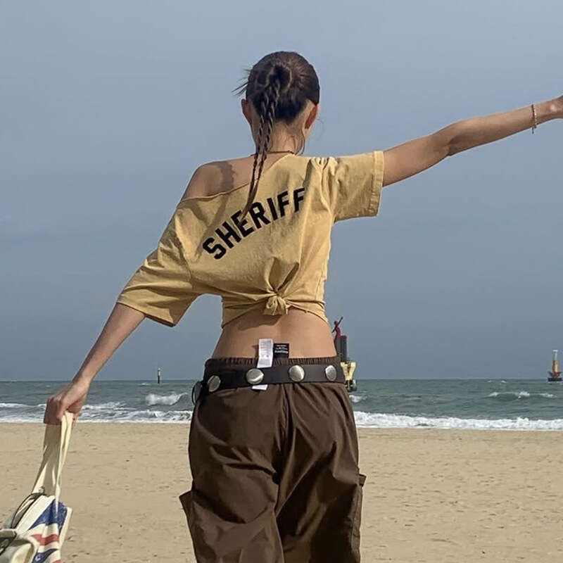 2025 Women's Summer New Street Fashion Letter Print Short Sleeve Asymmetric Neck T-Shirt bc2