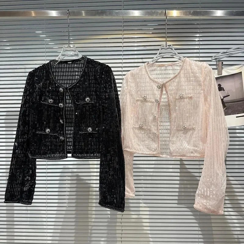 Spring Summer Sequin Shoulder Pad Sunscreen Short Coat Women White Black Pink Jacket 250725