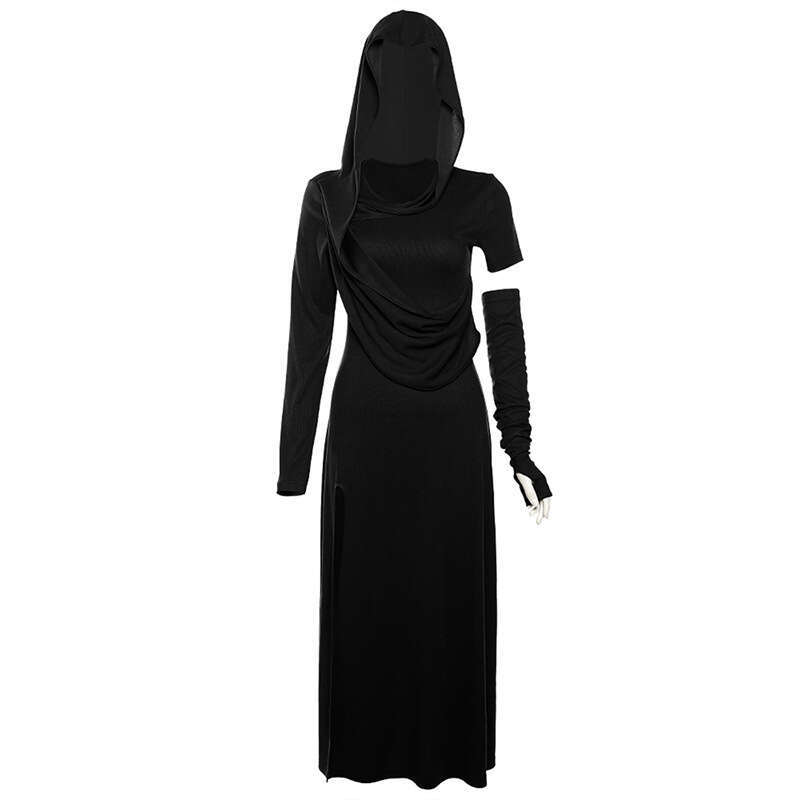 2023 Autumn New Women's Solid Color Slim High Waist Fashion Hooded Long Sleeve Split Dress a4e