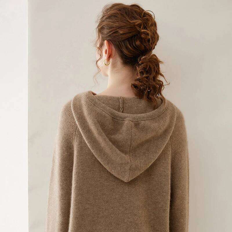 100% Cashmere Sweater Autumn/Winter New Casual Solid Color Knitted Tops Hooded Collar Women's Pullover Loose Wool Blouse Thick MDNG
