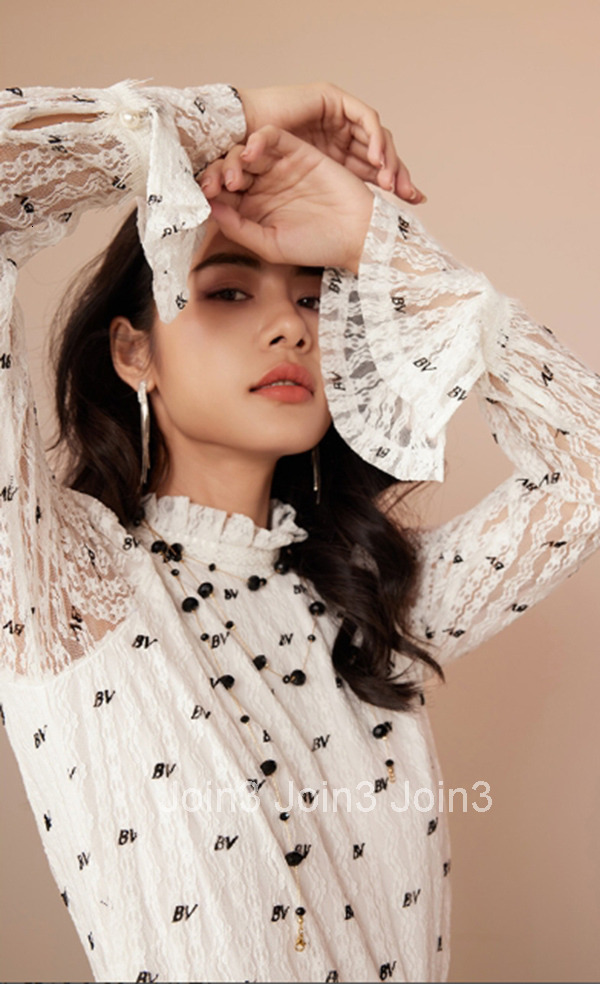 Summer New French Stand Collar Bell Sleeve Shirt Letter Embroidery White Top for Women 2717