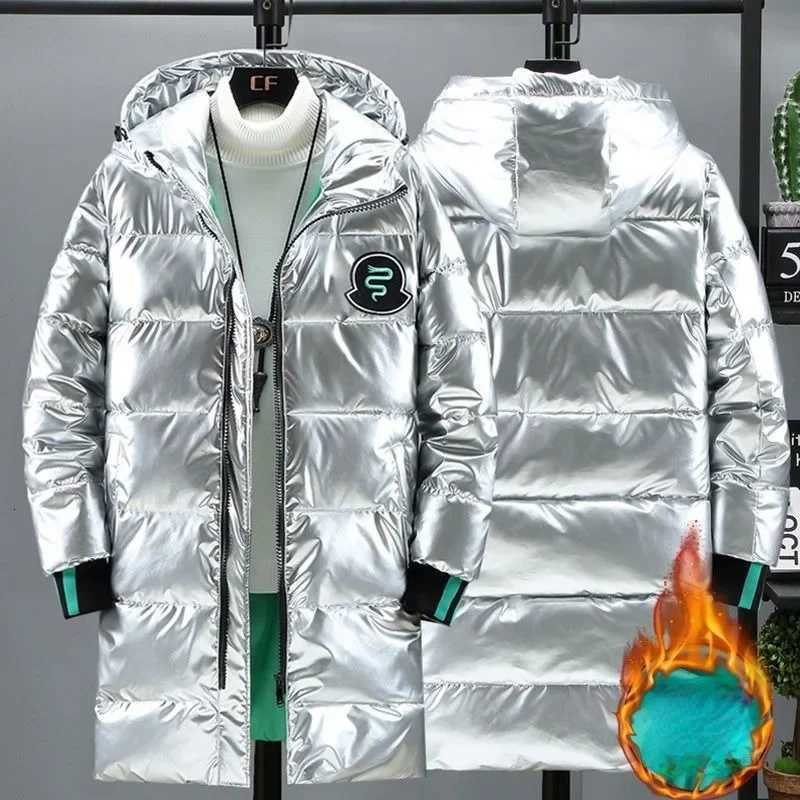 Mens Mid Length Cotton Down Jacket Thick Down Overcoat Glossy Coat Quilted Hoodie Hat Winter Trend Casual New X250725