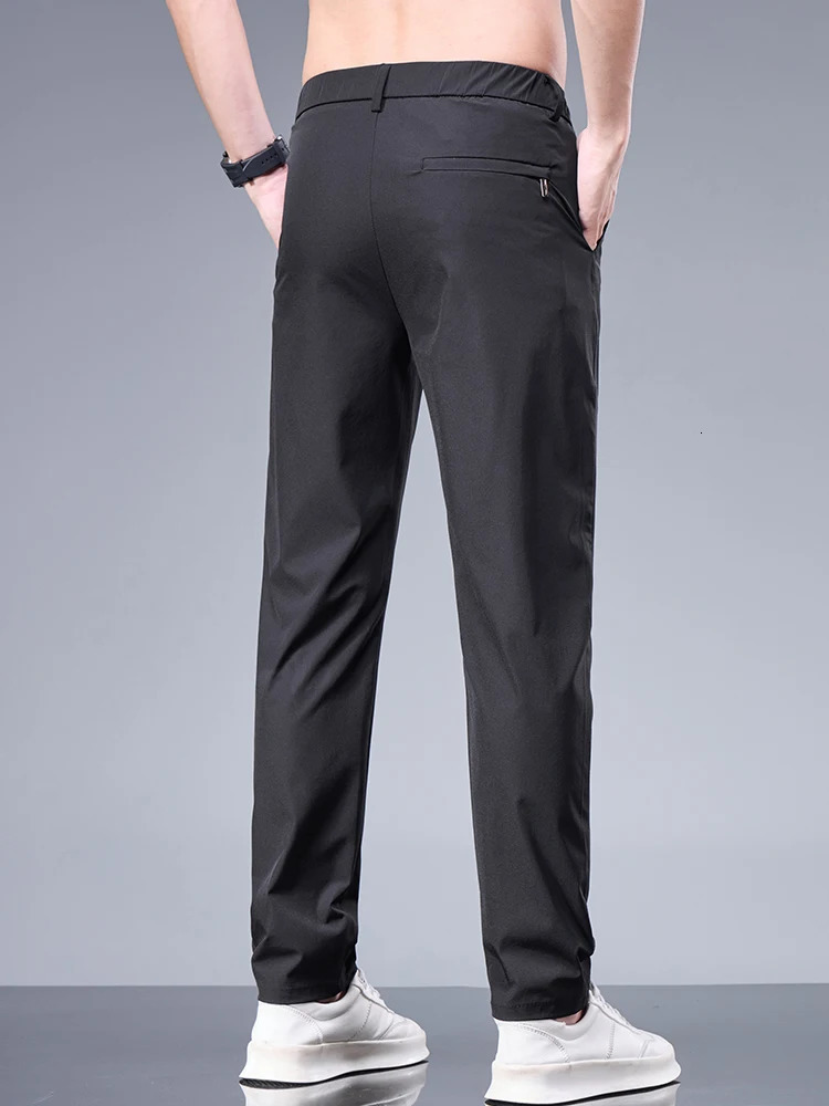 Summer Business Ice Silk Pants Straight Elastic Waist Black Gray Trousers Breathable Simple Male Clothing Casual Suit 250725