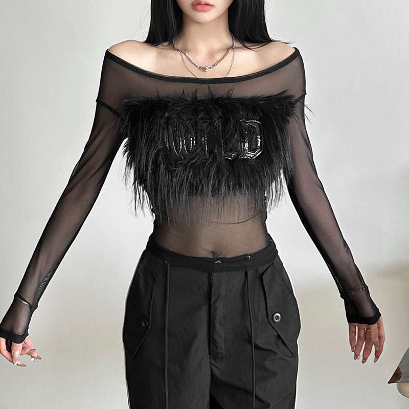 Women's Clothing 2024 Autumn Winter New Solid Color Long Sleeve Off-Shoulder Mesh See-Through Top for Women 68d