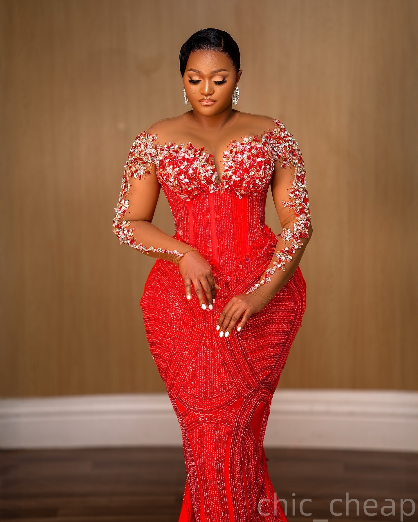 Mermaid Red Prom Dresses 2025 Lace Crystals Sequined Full Sleeves Evening Formal Party Second Birthday Engagement Gowns Plus Size Dress For Special Oc