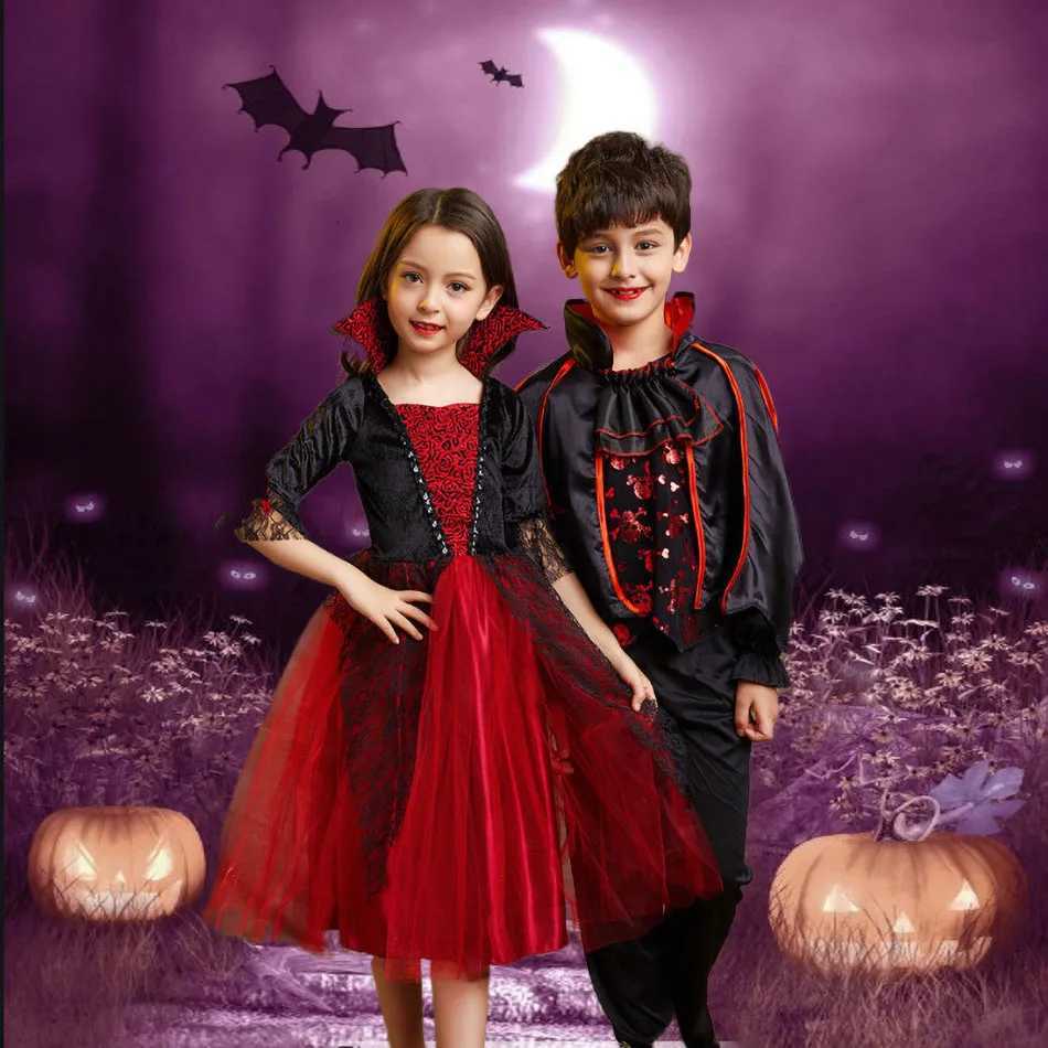 Vampire Costume for Girls Halloween Princess Par Dress Kids Cosplay Dresses Children Stand Collar Tulle Lace Black Red Clothes Z250725
