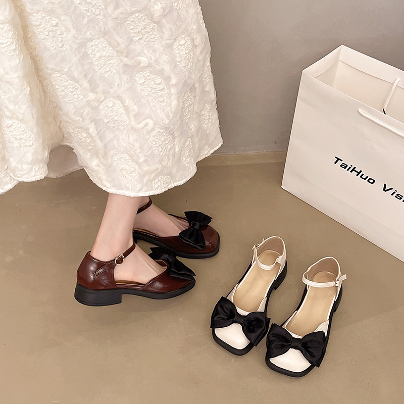 Ddmysports Women S Peep Toe Sandals Summer New Fairy Style Bowknot French Low Heel Square Mary Jane Shoes Outdoor Shoes