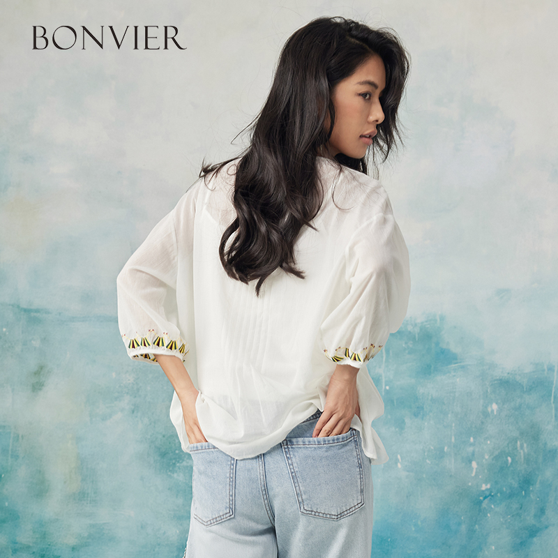 2025 Loose 3/4 sleeve lace blouses shirt women vintage cotton Button v neck causal boho blusa summer blouse femme top 6112512