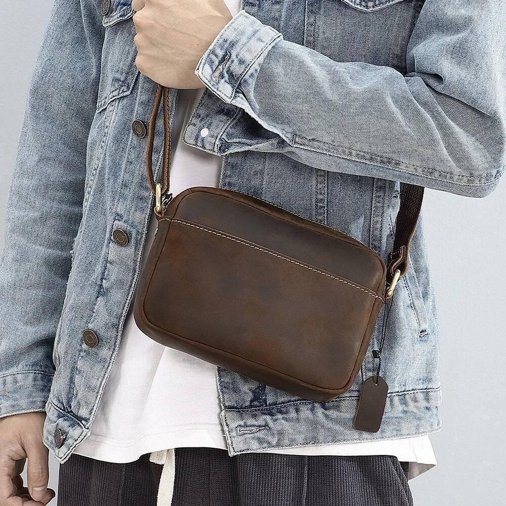 Vintage Crazy Horse Leather Crossbody Bag - Minimalist Unisex Small Square Top-Grain Cowhide Shoulder Bag, Boho Niche Style