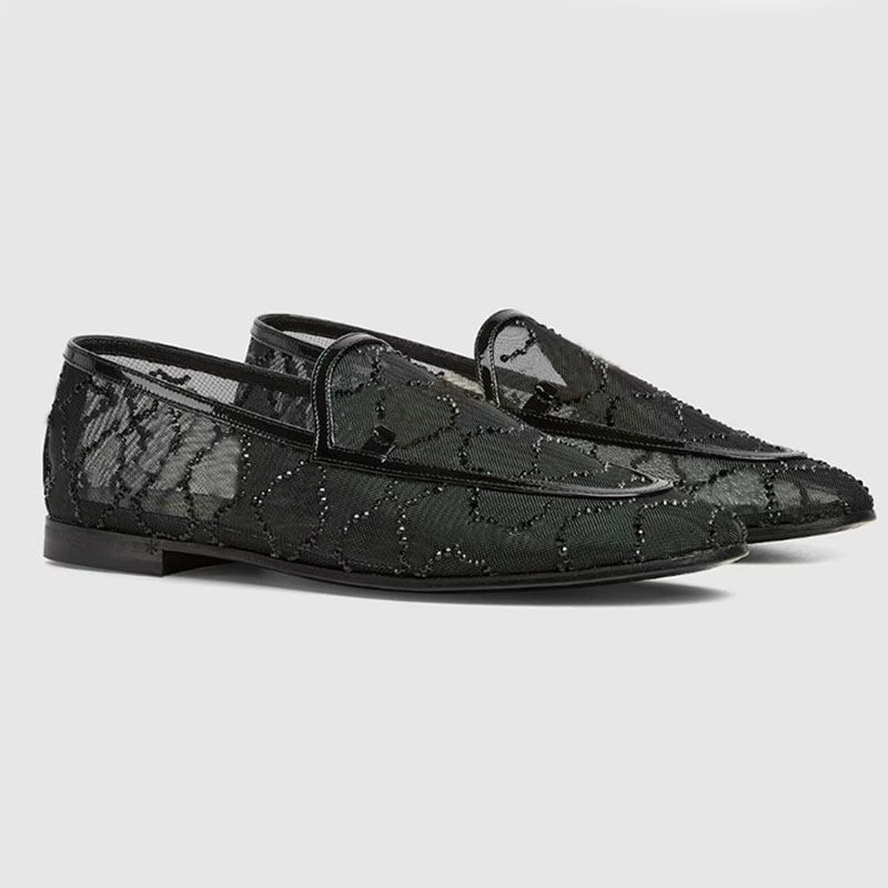 Designer Loafers Women Single Flat Shoes Net Mule Mesh Fabric With Crystal Shoes Spring Series slipper Ballets Metal Button Casual Mule Size 35-42 Loafers