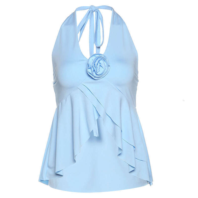 Women's Clothing 2025 Summer New Street Fashion Solid Color Sexy Halter Ruffle Tank Top for Women 8cf